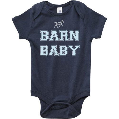 Equestrian Creations Barn Baby Horse Onesie, Navy Blue with Light Blue Lettering for Infant Boys - Pony Lover Bodysuit Gift