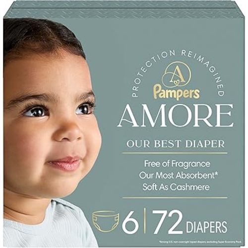 Pampers Amore, Size 6 (23-44 lbs), 72 Count, Our Best Diaper – Hypoallergenic & Fragrance Free, Up to 100% Leakproof, Soft as Cashmere