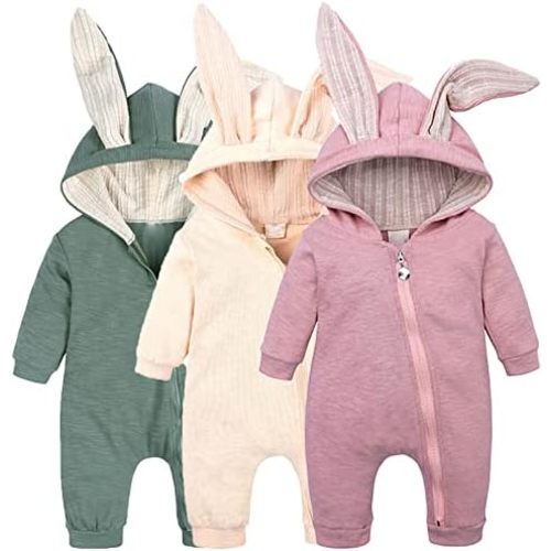 Newborn Baby Jumpsuit Romper Boys Girls Rabbit Ear Hooded Snow Suit Coverall Winter Warm Outwear Snowsuit with Zip