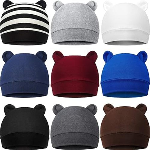 Geyoga 9 Pieces Newborn Baby Hat Bear Ears Infant Caps Baby Boy Girl Toddler Hats Beanie Caps, 2 Ears - Fresh Style