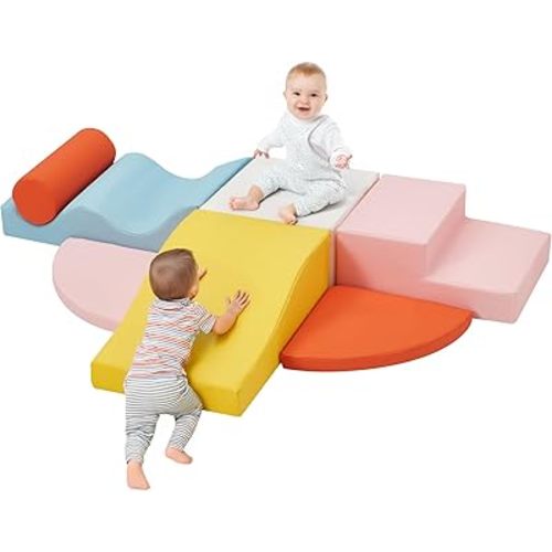 MELLCOM 7-Piece Soft PU Leather Baby Soft Foam Climbing Blocks for Toddlers, Freely-Assembled Kids Climbing Block Set Indoor (Macaron Color)