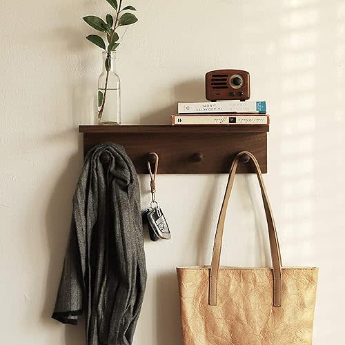 Entrance Coat Rack ,Coat Hooks, Wall-Mounted Wooden Hook Rack, Wall-Mounted Shelves are Very Suitable (Walnut Color Finish—A-1)
