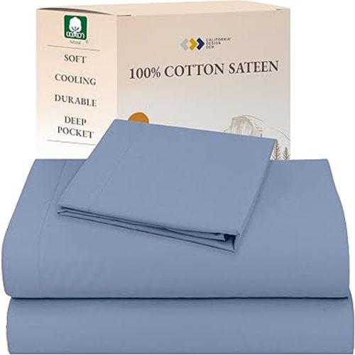 Twin Sheets Set - Natural 100% Cotton Sheets with Deep Pockets, Soft Sateen Weave, Breathable, Cooling and Durable Bedding Set for Dorm Rooms, College by California Design Den (Blue Hydrangea)