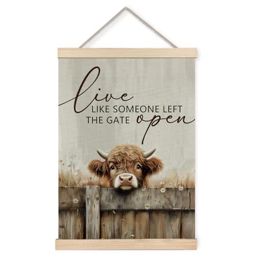 Foritho Farmhouse Highland Cow Poster Wall Art Framed, Live like Someone Left the Gate Open Rustic Cow Canvas Prints Wall Decor for Nursery Country Home Bedroom Living Room, 12x16 Inch