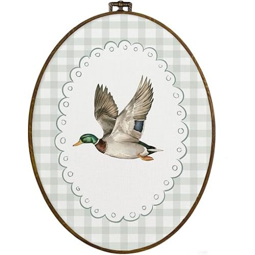 dvhdajed Coquette Mallard Duck Oval Wall Art Decor, Farmhouse Country Ducks Framed Canvas Art, Rustic Mallard Duck Green Checkered Oval Wall Hanging Decor for Home Bedroom Nursery, 8.7x11.3 Inch