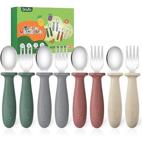 DRKIO 8 Pieces Toddler Utensils Set - Kids Silverware Set with Silicone Handle Children Safe 18/8 Stainless Steel Forks and Spoons Anti-Choke Design Food Grade Dishwasher Safe