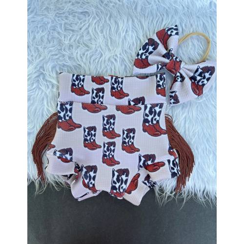 Fringed Western Cowboy Boots Baby Bummies Set: Cow Print Outfit