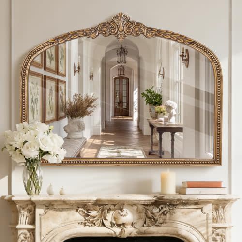 32x42 Inches Vintage Wide Arched Mirror | Antique Gold Baroque Wooden Mirrors, Farmhouse Ornate Beaded Decorative Mirror for Living Room, Mantel, Bathroom