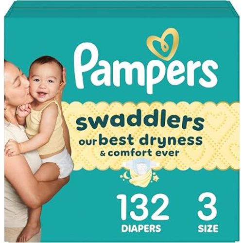 Pampers Swaddlers Diapers, Size 3 (13-26 lbs), 132 Count, Absorbent, Keeps Baby Dry and Comfortable, Skin Safe Disposable Baby Diaper