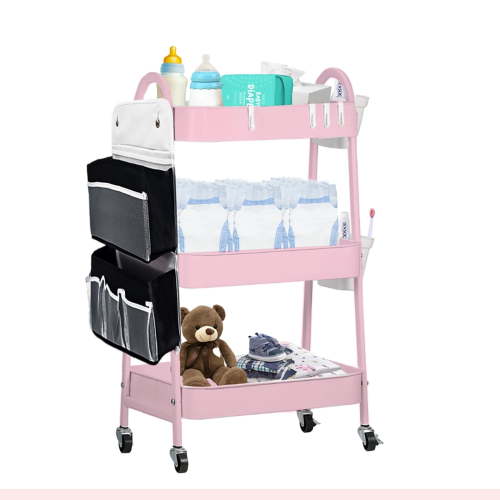 Baby Diaper Caddy Organizer Cart Metal rolling cart,3 Tier Rolling Storage Cart with Wheels,Baby Essentials for Diapers and Baby Wipes Newborn Essentials Storage Cart (Pink)
