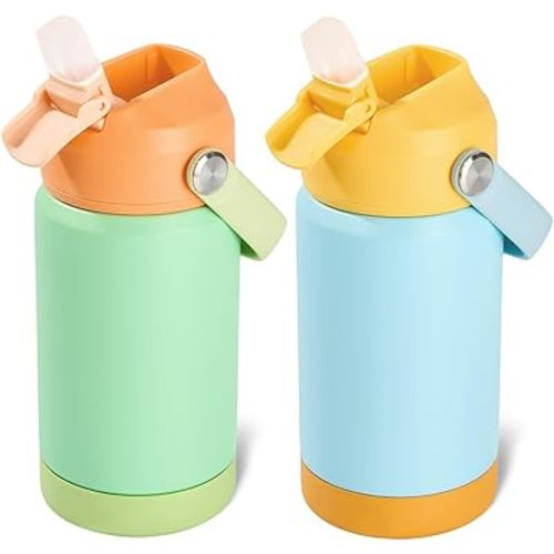 Kerilyn 12oz Kids Water Bottle 2 Pack, Stainless Steel Insulated Water Bottle Bulk, Toddler Cups with Straws Leak-Proof, Kids Water Bottles for School Boys Girls, BPA Free, 2 Piece Set Ocean Couple