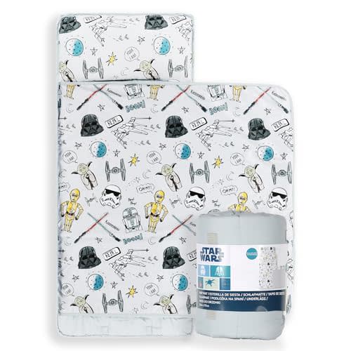 Jay Franco Kids Nap Mat with Embedded Pillow & Blanket – Soft 46"x20" Microfiber Sleeping Bag with Name Tag & Handle for School, Travel, Sleepover, Gray - Star Wars