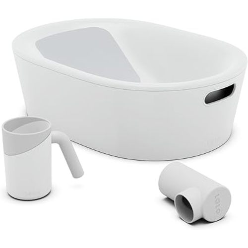 Lalo Bathtime Starter Kit - 3-Piece Set Includes Modern Baby Bathtub, Rinse Cup & Spout Cover - Safe, Easy to Clean Design for Newborns - 25.3 x 18 x 7.7 in, 10 lb - Coconut
