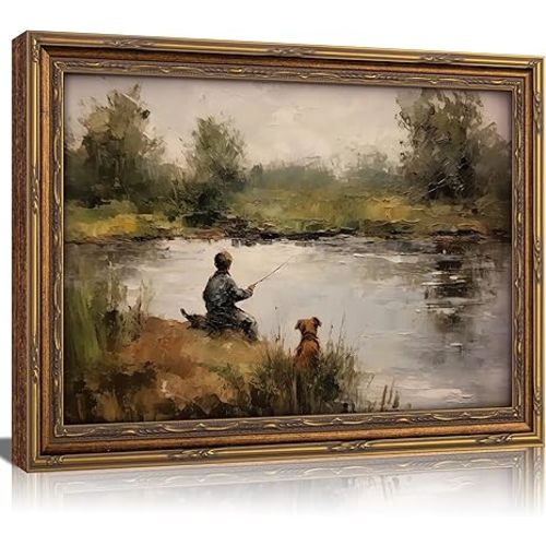 Vintage Gold Framed Wall Art Boy Fishing Country Oil Painting Canvas Prints Peaceful Lake Landscape with Dog Picture Rustic Farmhouse Poster Artwork for Nursery Living Room Bedroom, 9x11in