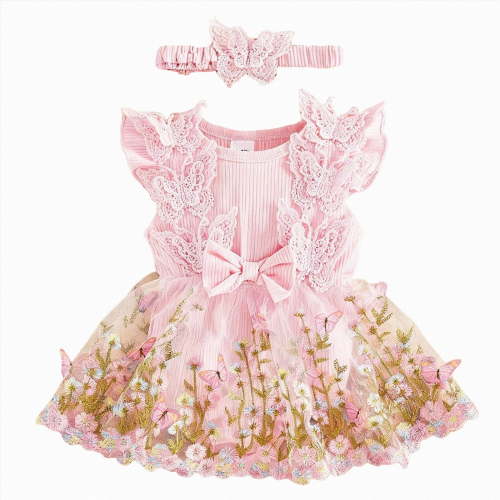 Gubotare Newborn Romper Baby Girl Baby Girl Summer Clothes Newborn Outfit Romper Infant Baby Dress Headband Cute Outfits Girls 0 3 6 9 12 18 24 Months (Pink,12-18 Months)