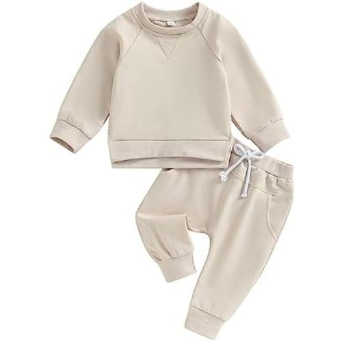 Lukivech Toddler Baby Boy Girl Fall Winter Outfit Basic Solid Color Crewneck Long Sleeve Sweatshirt Top Jogger Pants Set