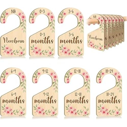 7 PCS Floral Closet Dividers for Baby Clothes, Wooden Pink Flower Nursery Wardrobe Organizer with Double-Sided Size Labels for Newborn to 24 Months, Girl Baby Room Decor