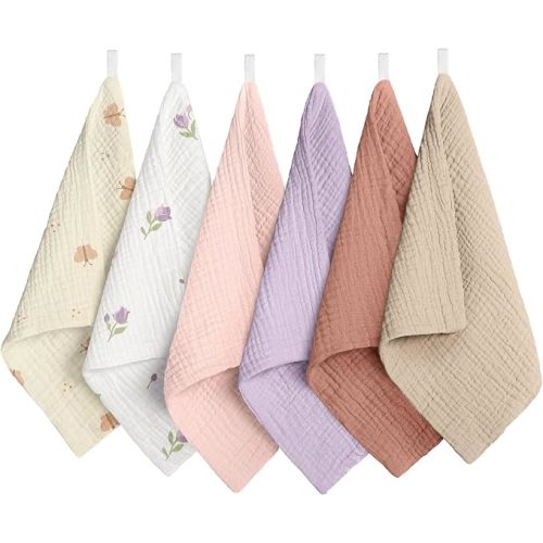 Muslin Baby Wash Cloths 10x10inch 100% Cotton Washcloth Soft Absorbent Baby Face Towel for Baby Girl Boy 6Packs (Tulip&Butterfly)