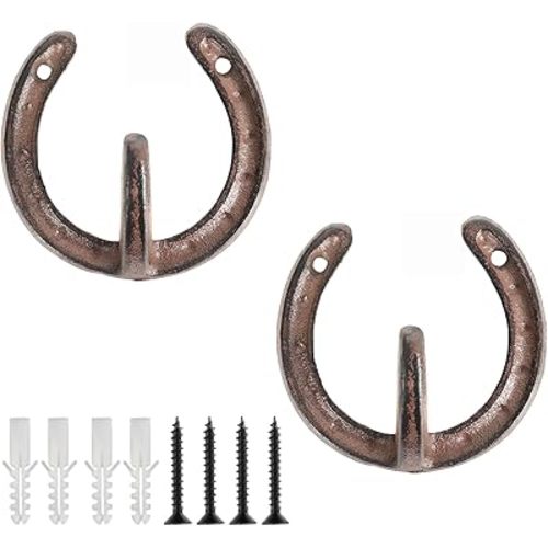 Horseshoe Hook, 2Pcs Lucky Vintage Cast Iron Wall Decor, Antique Sturdy Heavy Duty Wall Hangings, Easy Installation Wall Sculptures with Screws
