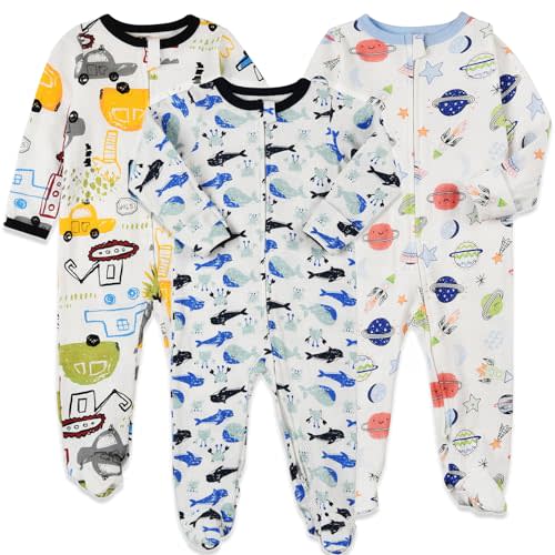 Aablexema Baby Footie Pajamas with Mittens - 3Pcs Infant Cotton Footed One Piece Sleepwear Outfits