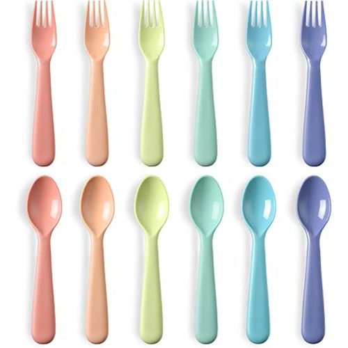 12 Pieces Toddler Utensils Set, Plastic Spoons and Forks Set for Kids, Children Safe Flatware, Plastic Reusable Cutlery, BPA Free, Dishwasher Safe