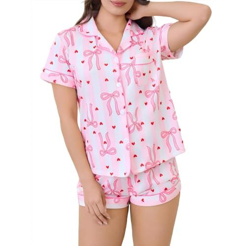 Pajamas Sets for Women 2 Piece Matching Lounge Summer Button Up Cute Bow Pj Set Comfy Sleepwear