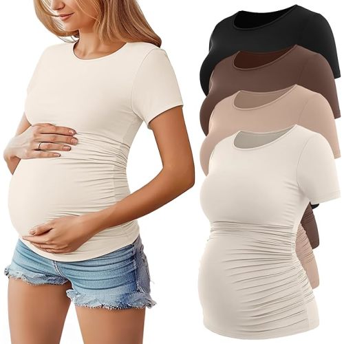 Huukeay 4 Pack Women's Short Sleeve Maternity Tops | Cotton, Crew Neck, Maternity Shirts, Side Ruched, Slim Fit, Pregnancy Clothes, Summer, Breathable, Stretch, Casual, Soft