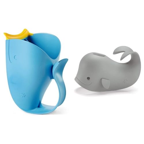 Skip Hop Baby Bath Rinse Cup, Moby Tear-Free Waterfall Rinser, Blue & Baby Bath Spout Cover, Universal Fit, Moby, Grey