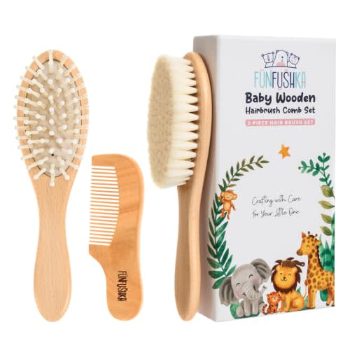 Baby Hair Brush Set for Newborns & Toddlers - Baby Brush and Comb Set - Ultra Soft Goat Hair Bristles, Perfect for Cradle Cap, Newborn Showers & Registries Gift, Comb Brush for Girls & Boys (Walnut)