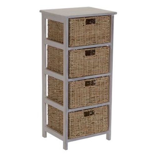 Household Essentials Dresser of 4 Drawers White Sollid Wood and Natural Wicker Baskets