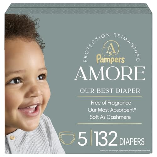 Pampers Amore, Size 5 (20-37 lbs), 132 Count, Our Best Diaper – Hypoallergenic & Fragrance Free, Up to 100% Leakproof, Soft as Cashmere