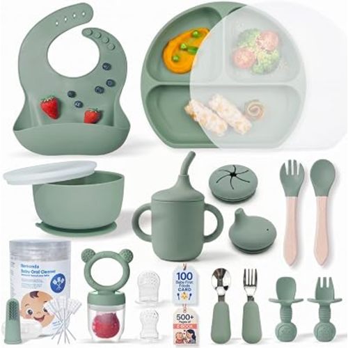 Remonda 23-Piece BPA-Free Baby Silicone Feeding Set | Extra Large Suction Plates, Toddler Bowls, Self Feeding Spoons, and More | Dishwasher Safe| Infant Led Weaning Supplies（Green）