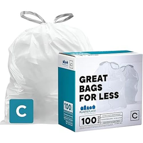 Plasticplace Trash Bags | Compatible with Simplehuman (x) Code C | (100 Count)│White Drawstring Garbage Liners 2.6-3.2 Gallon / 10-12 Liter │ 14.75" x 20"