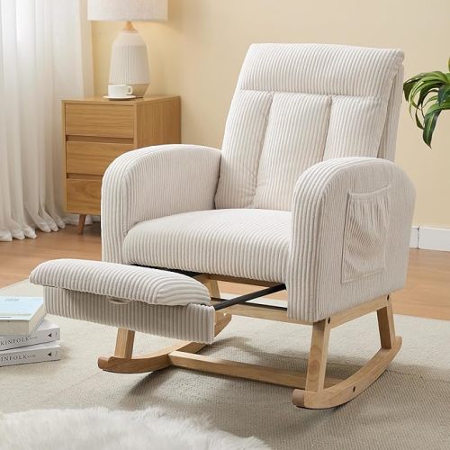 Nursery Rocking Chair, Corduroy Upholstered Rocking Chair with Adjustable Footrest, Tufted Rocker Chair with Side Pocket, Glider Rocker for Living Room, Bedroom (Cream Retro)