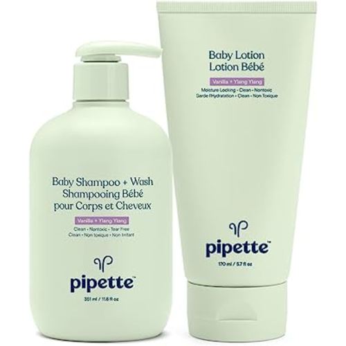 Pipette Baby Bathtime Bundle - Vanilla + Ylang Ylang Shampoo + Wash and Baby Lotion, Tear-Free, Hydration & Natural Moisture of Baby's Delicate Skin, Renewable Plant-Derived Squalane, Sulfate Free