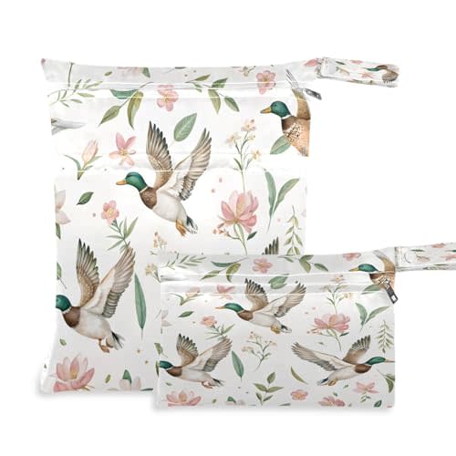 2 Pack Mallard Ducks Cloth Diaper Wet Dry Bags,Waterproof Reusable Wet Bag with Two Zipper Pockets& Handle,Washable for Swimming,Travel,Beach,Pool or Wet Clothes