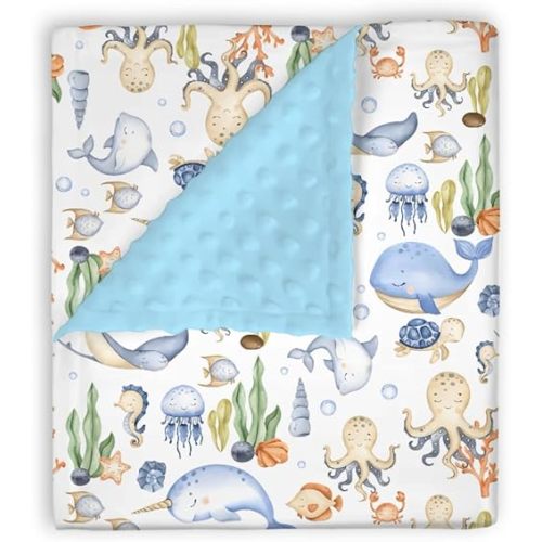 Mink Baby Boys Blankets Blue Under the Sea Ocean Animal, Cute Underwater Marine Life Soft Double Layer Dotted Backing Receiving Swaddle, Newborn Infant Toddler Nursery Crib Bedding Shower Gift 30 x 40