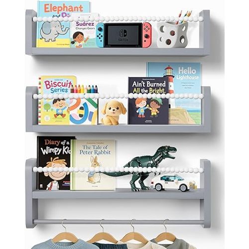 Nursery Shelves for Wall Floating Baby Book Shelf for Nursery Grey Kids Bookshelf Bookcase Toddler Boys Room Storage Solutions Bedroom Wall Decor Solid Wood Set of 3