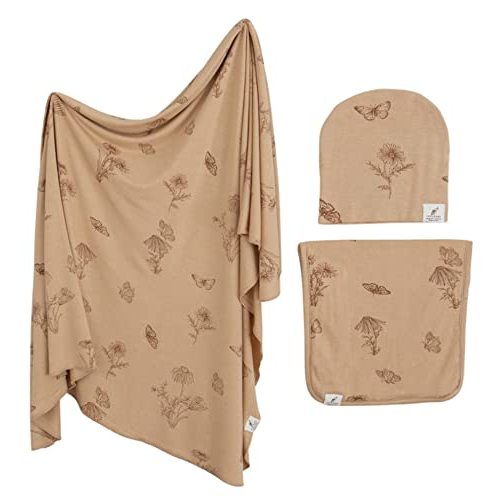 Leyl&Ari Stretchy Swaddle Blanket | Knit Swaddle Blankets | Receiving Blanket Burp Cloth Hat Set | Butterfly Swaddle Blanket