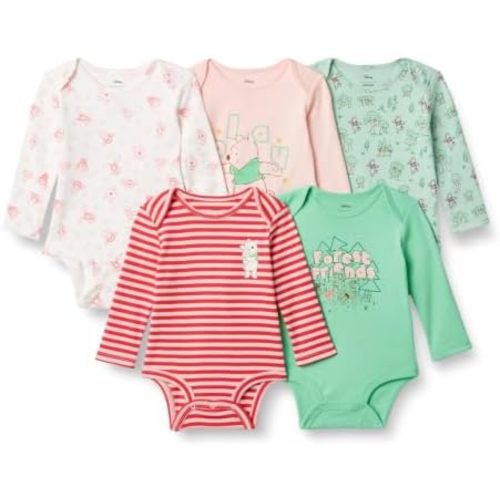 Amazon Essentials Disney Unisex Babies' Cotton Knit Long-Sleeve Bodysuits, Pack of 5