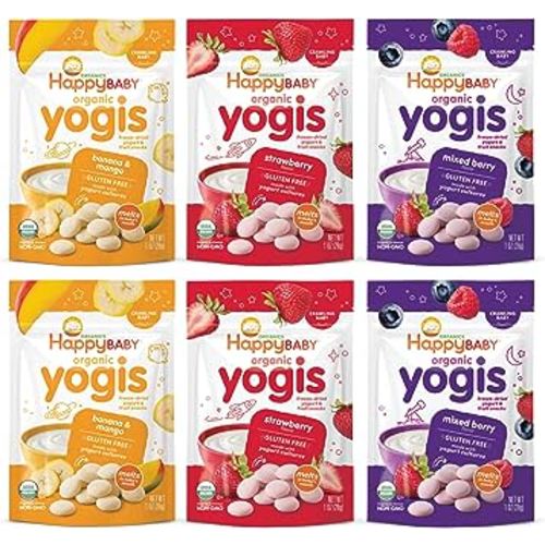 Happy Baby Organics Yogis Freeze-Dried Yogurt & Fruit Snacks, Variety Pack, 1 Ounce (Pack of 6)