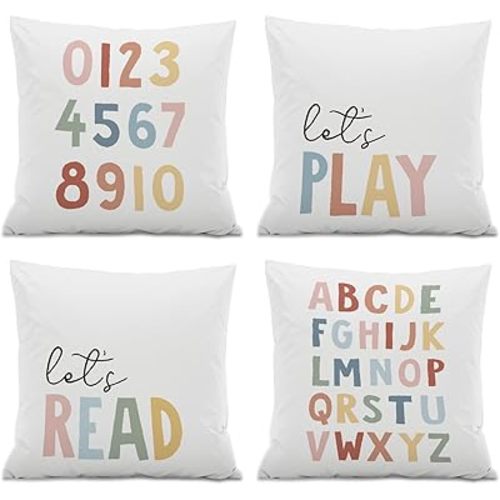 Nursery Decorative Pillow Covers,Let's Play Read Alphabet Throw Pillow Covers Decor for Kids Room Playroom Classroom Reading Room,18x18 Inch Pillowcase Set of 4