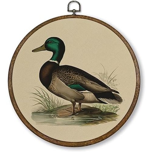 Qskjre Mallard Duck Wall Art Decor, Vintage Country Duck Hunting Round Wood Framed Canvas Wall Artwork, Nature Wildlife Waterfowl Hanging Prints for Nursery Boy Bedroom Decorations 10"x10"