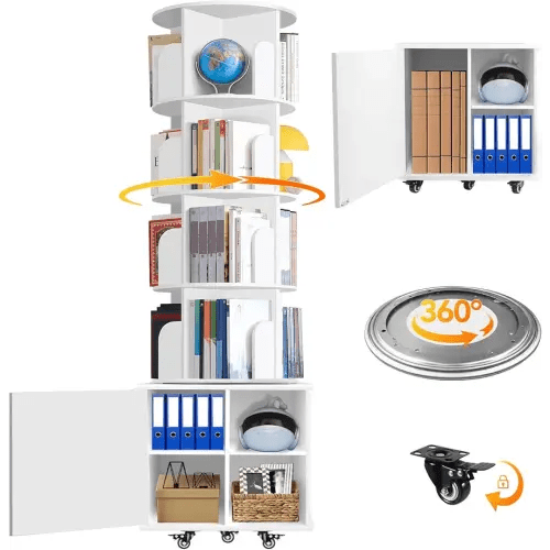 RUNSUNSPRI 6 Tier Rotating Bookshelf Spinning Bookshelf Tower 360° Revolving Bookcase with Storage Cabinet Corner Organizer Storage Round Carousel with Wheels, White