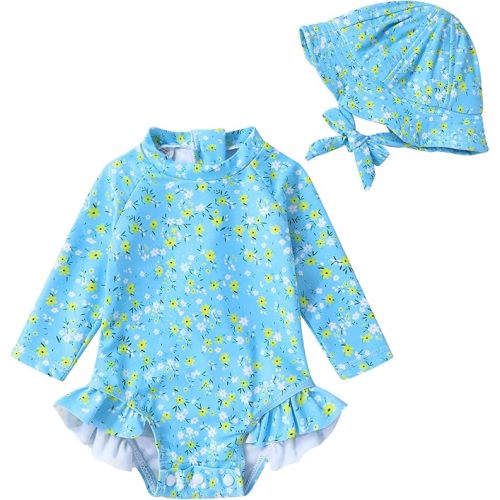 Infant Baby Girl Swimsuit One-Piece Long Sleeve Rash Guard with Hat Set Floral Zipper Bathing Suit Leopard Beach Wear