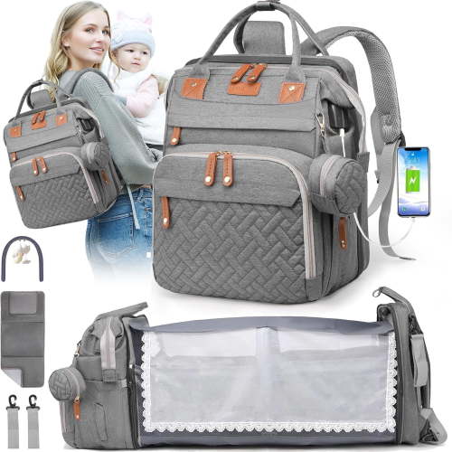 Morfone Diaper Bag Backpack with Changing Station, Waterproof Large Capacity Baby Bag with USB Charging Port & Pacifier Case -Unisex, Gray