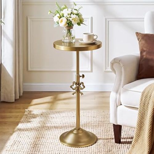 Adjustable-Height Metal Drink Table, Antique Gold Side Tables