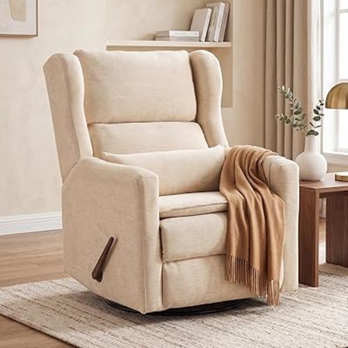 Large Glider Rocker Recliner,Rocking Chair Nursery with Lumbar Support, Swivel Rocker Recliner with Adjustable Headrest, Manual Nursery Recliner Chair for Living Room& Bedroom,Chenille Beige
