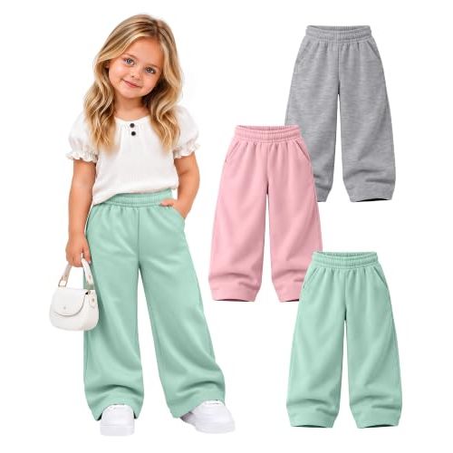 3 Pack Toddler Cotton Pants for Girls Boys | 18M-5T Baby Girls Wide Leg Sweatpants, Pull-on Baggy Joggers with Pockets, Elastic Waist, Fall Festival Outfits, Daily Wear