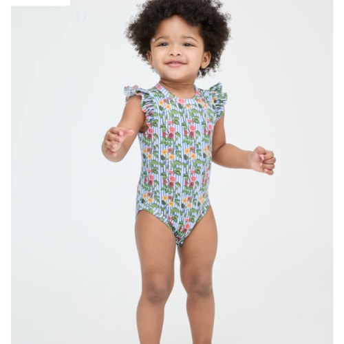 The Jillee Ruffle Onesie - Geranium Stripe